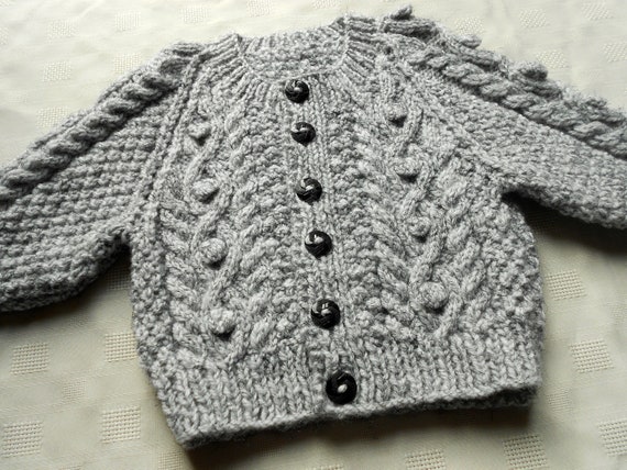 Baby boy Aran sweater in grey hand knit by BabycraftCindy on Etsy