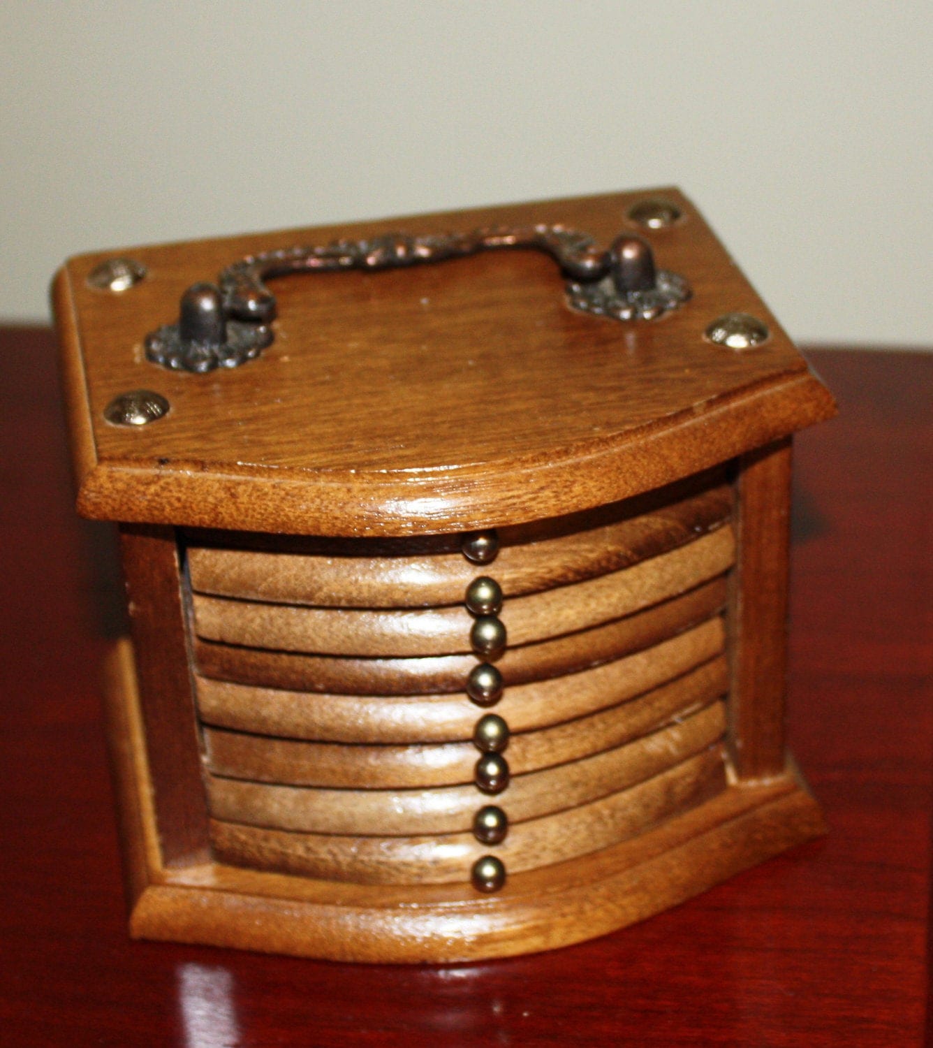 Vintage Wood and Cork Coaster Set 8 coasters and Holder