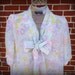 Summer Chiffon // Pussycat Bow Blouse // Vintage 1980s Mint Neon Pastel Floral Print // XL