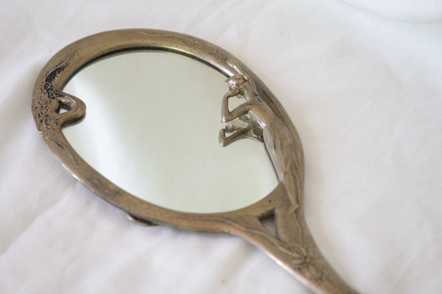 Vintage Brass Hand Mirror Art Nouveau 1920's 1930s