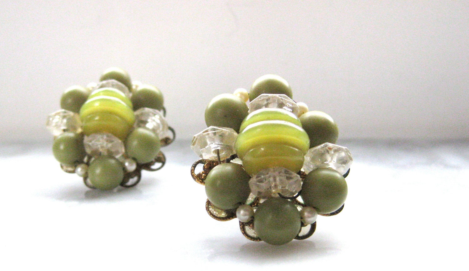 Clip on Earrings Olive Green with Clear beads faux Pearls
