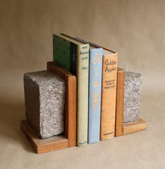 Vintage Industrial Pink Granite Stone Wood Bookends
