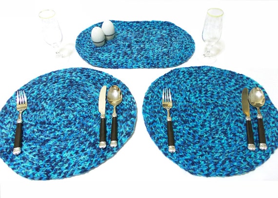 for crochet teachers gifts mat, place mat, Blue plate table placemat, holder. Crochet placemat