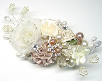 Blush Hair Accessories- Ivory Hair Clip- Floral Wedding Hair Accessories- Wedding Hair Accessories- Bridal Flower Hair Clip - Brass Boheme