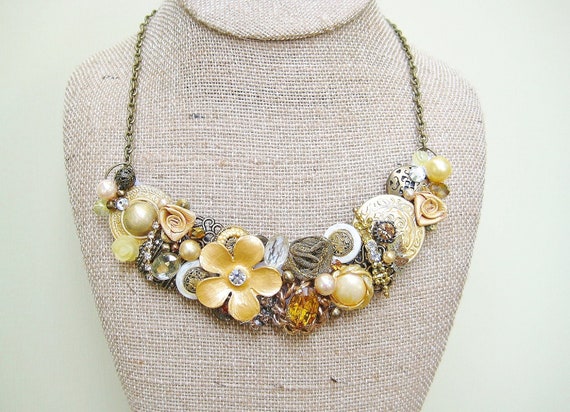 Large Vintage Mustard Yellow Statement Necklace Yellow