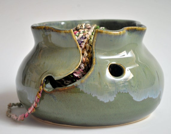 Green Stoneware Yarn Bowl or Knitting Bowl for a Single Skein