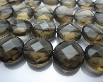 natural Smoky Quartz faceted coin 12mm 15inch strand