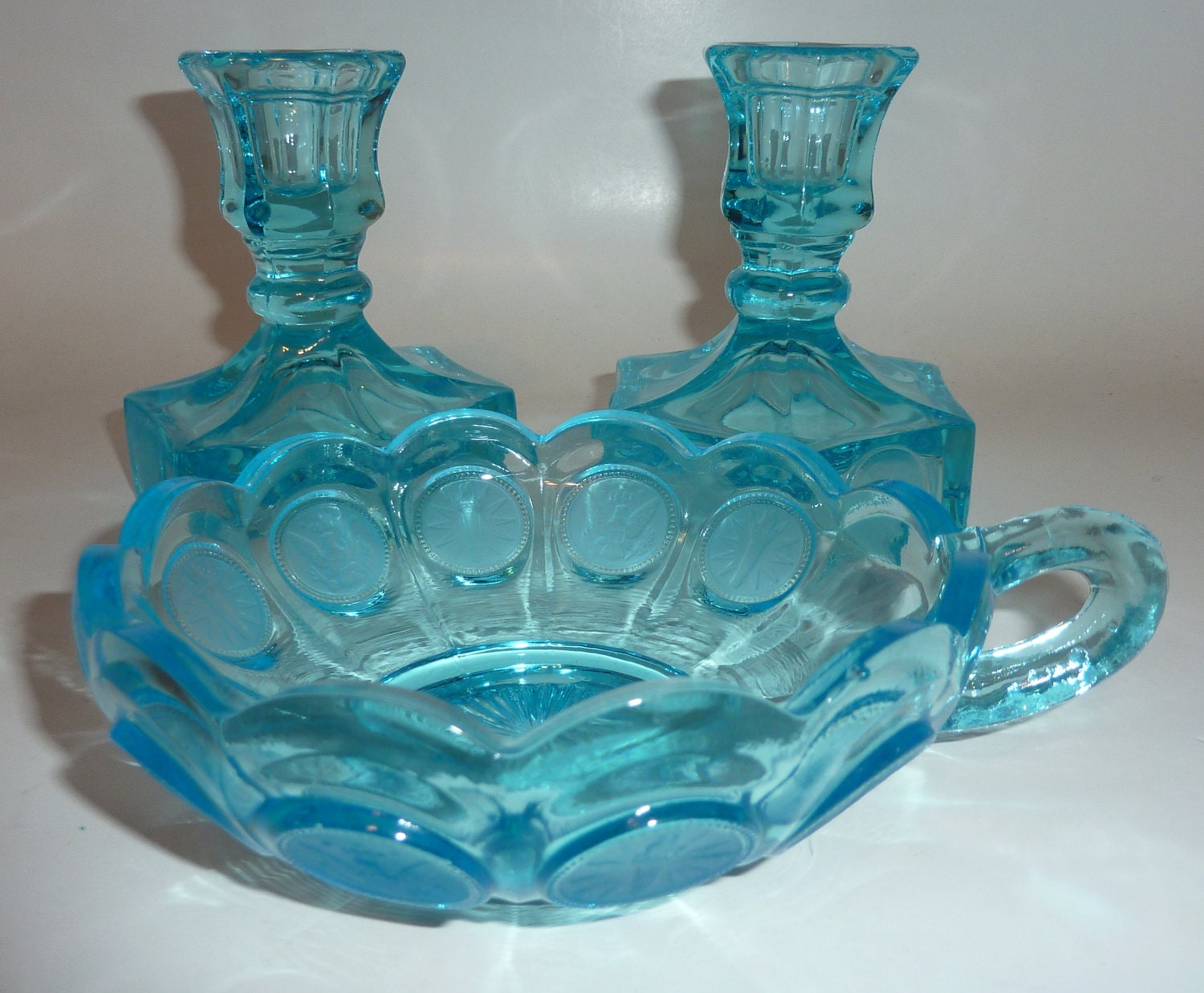 fostoria blue coin glass set