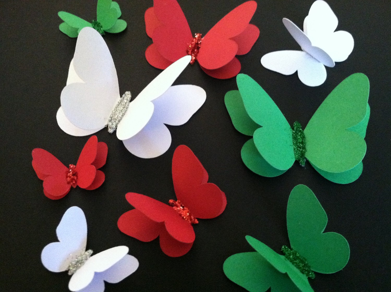 3D christmas butterflies, wall butterflies, assorted butterfly silhouettes(red green and white with glitter)