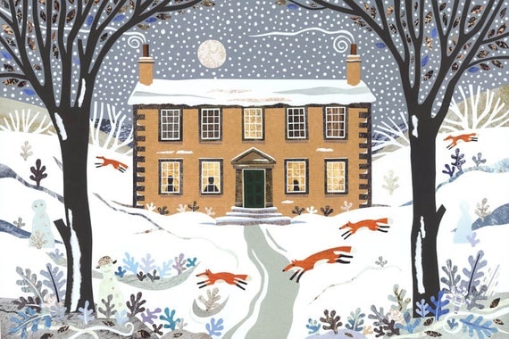 Bronte Sisters Christmas - Christmas Card - Holiday - Snow - Writer's House - Literary Lives - Snowmen - Foxes - Moon - Naive Art - Collage