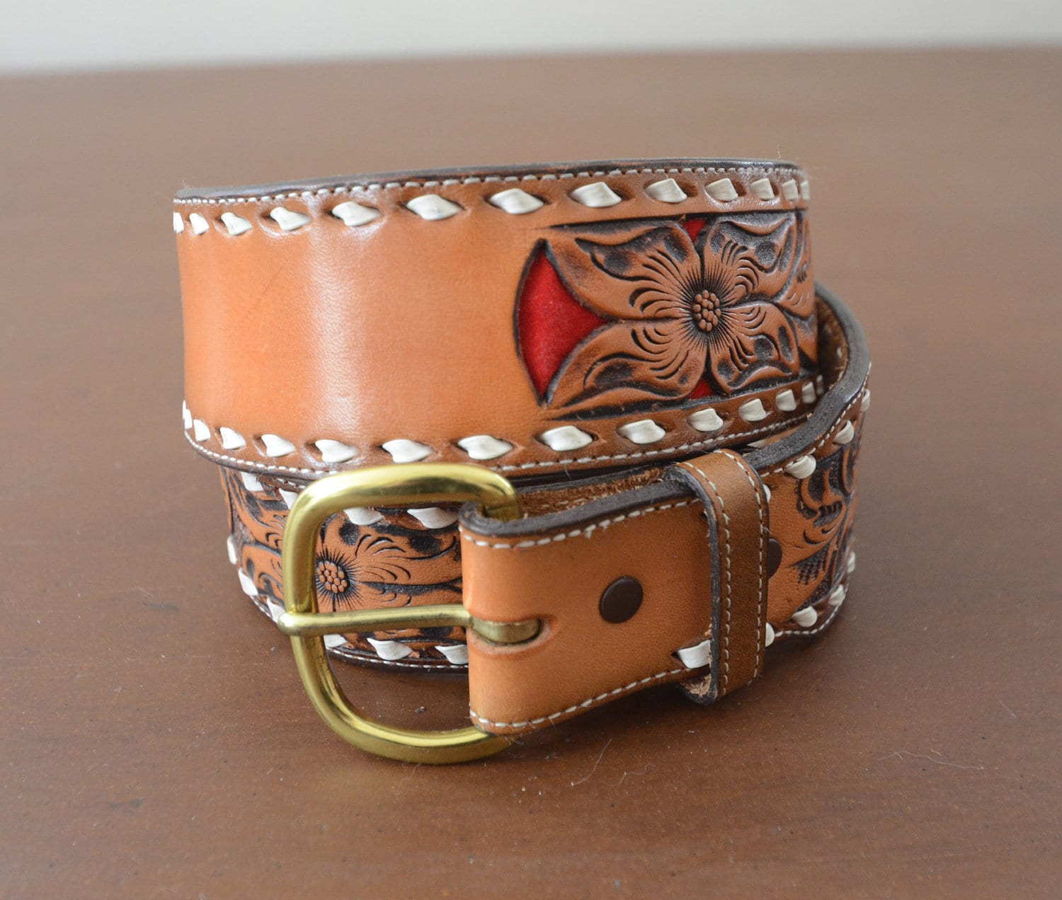 Justin Western Tooled Leather Belt Stitched Red by RedHawkAttic