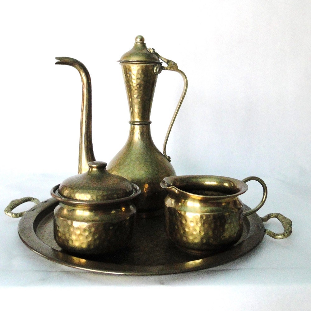 Vintage Tea Set Hammered Brass India Serving Tray Moroccan Tea