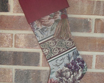 Handmade Burgundy, Gold and Green Tapestry Christmas Stocking