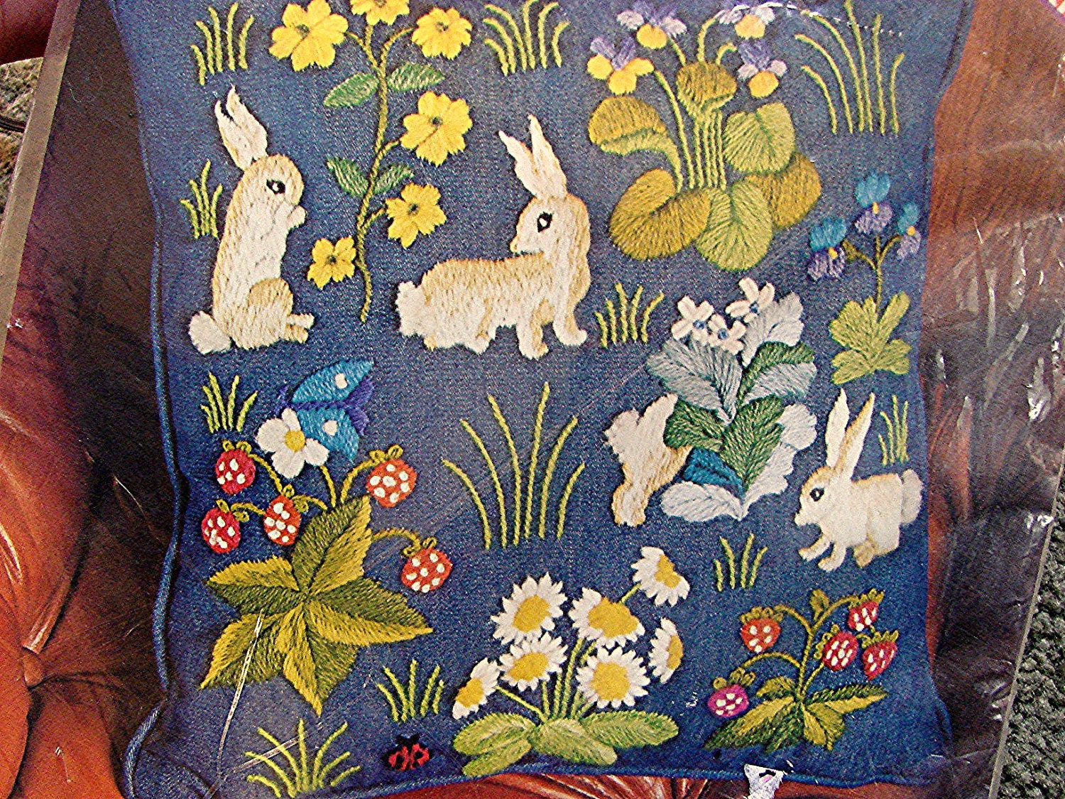 Vintage 70s French Tapestry Crewel Embroidery Pillow KIT with