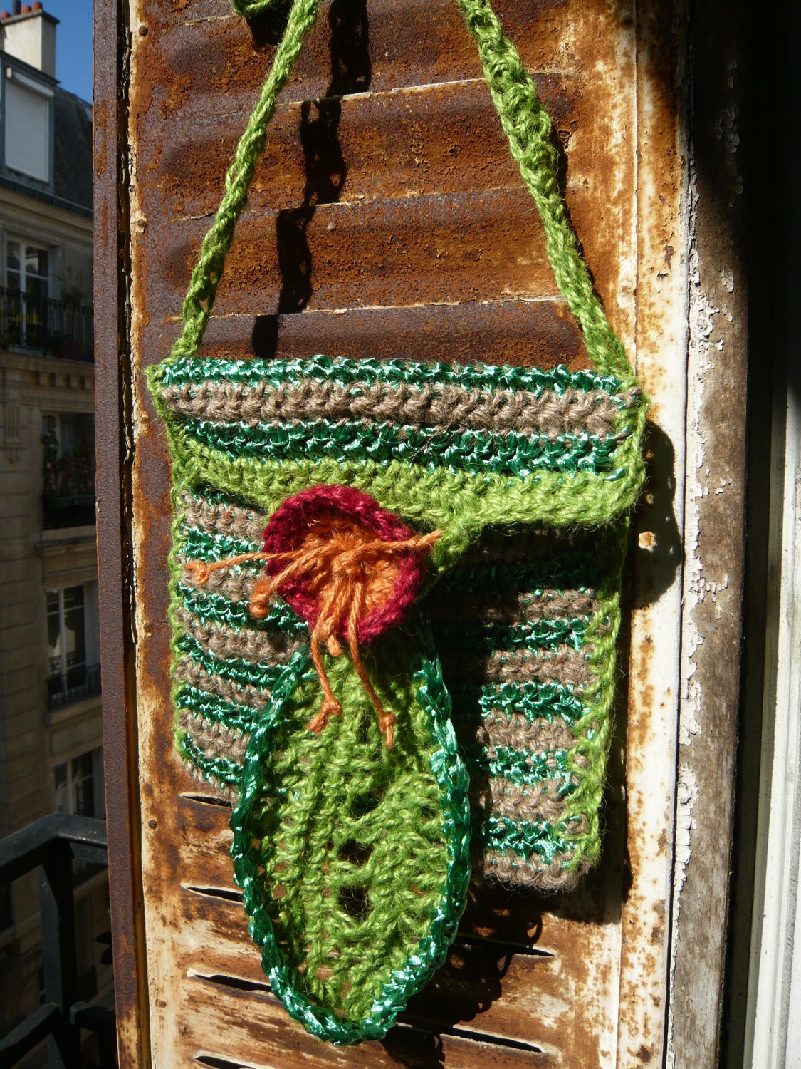 Bag purse handmade unisex crochet natural jute twine green