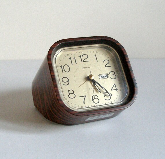 Vintage 80's SEIKO QUARTZ Alarm CLOCK Rosewood Brass