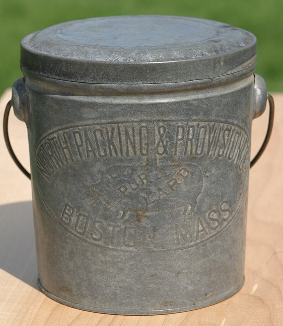 Antique Primitive Large 1800s Pure Lard Pig Tin Can Embossed