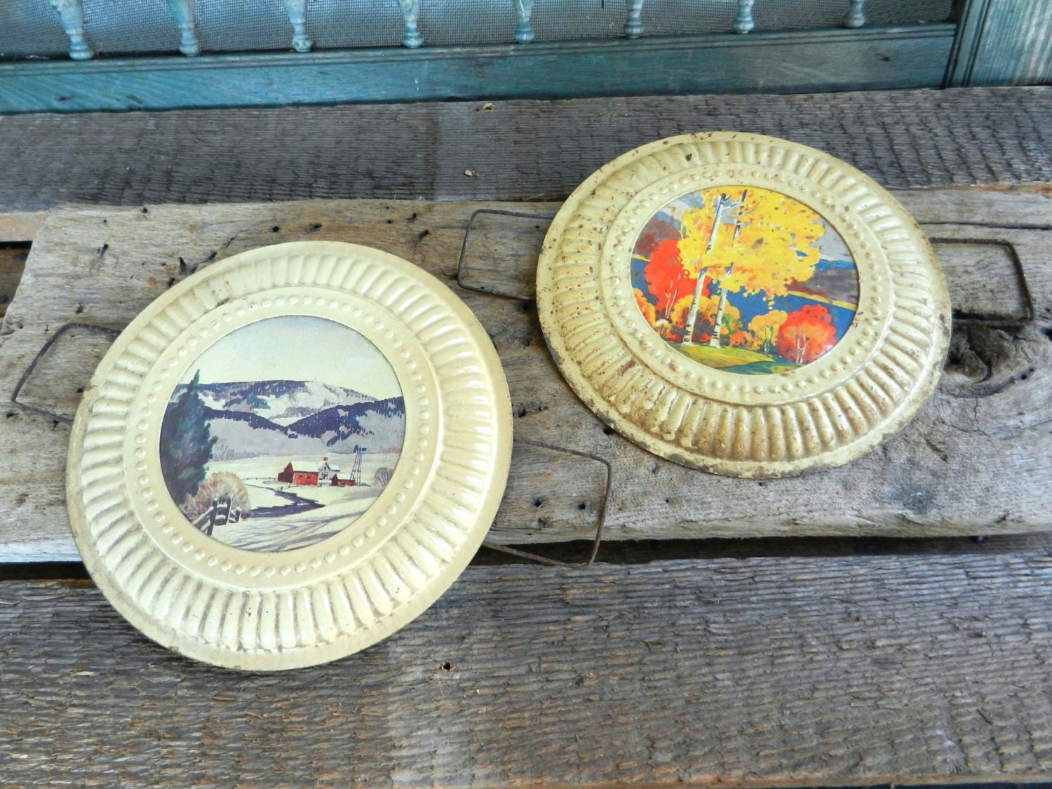 Shabby Vintage Pair of Tin Stove Pipe Covers/Flue Stoppers