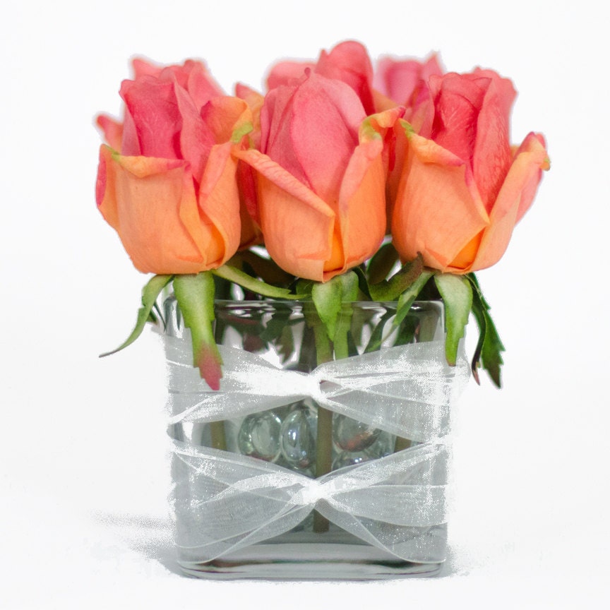 Pink Real Touch Roses Arrangement Buds In Square Glass Vase