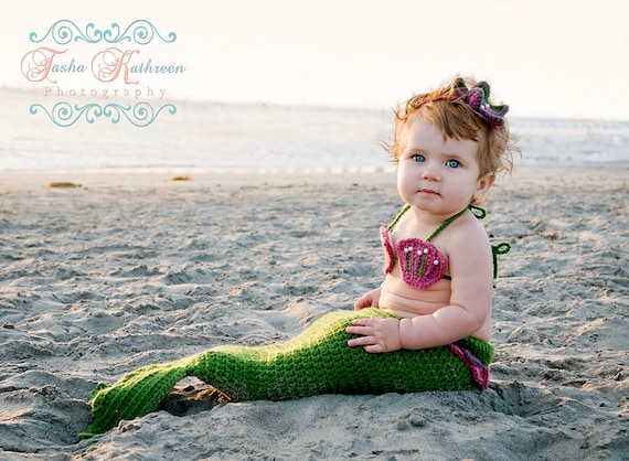 Crochet Mermaid Tail, Newborn Photo Prop 3 Piece Set 0-3 and 3-6 months.