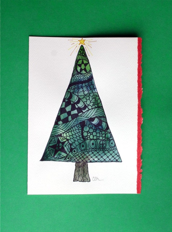 Zentangle art watercolor card Christmas Tree 5x7 Original