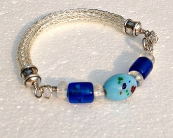Ladies Viking knit metalwork bracelet: silver with blue glass beads