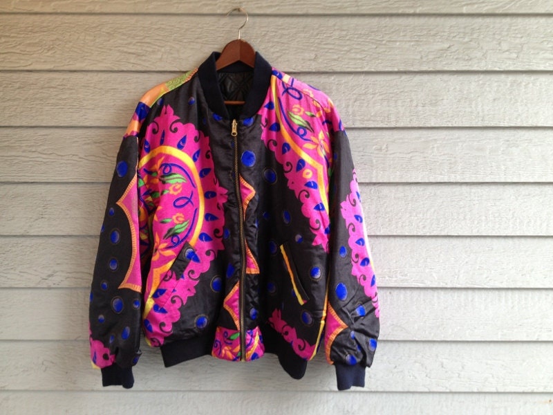 vintage 90s reversible bomber jacket. silky neon by ReRunRoom