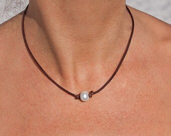 Leather pearl necklace - pearl leather jewelry collection - pearl leather cord necklace - single pearl necklace