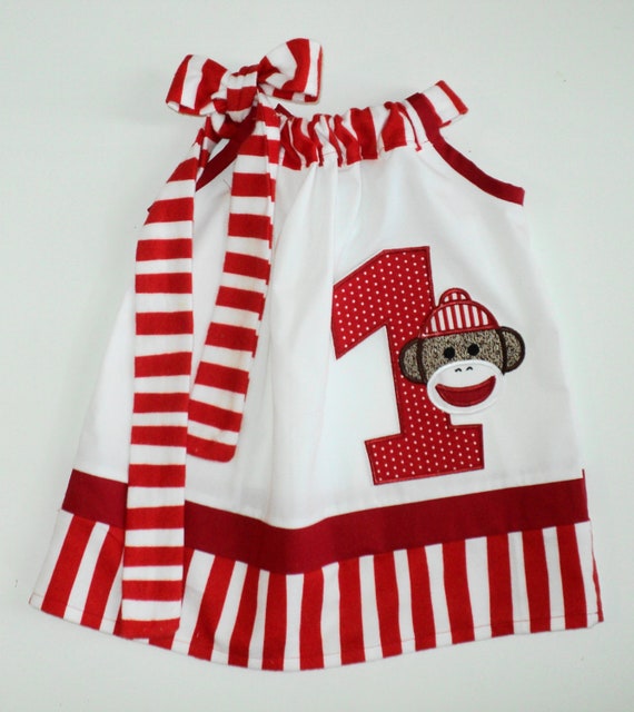 Custom Boutique Sock Monkey Birthday Pillowcase dress   Sizes 0-6mo, 6-12mo, 12-18mo, 18-24mo, 2t, 3t, 4t