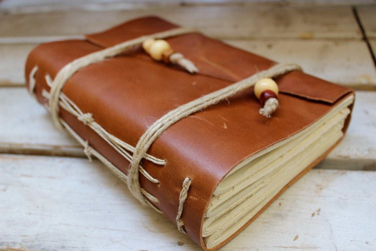 Leather Bound Journal Notebook with Hemp Rope and Wooden Bead