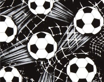 Timeless Treasures fabric SOCCER BALLS and NETS on Black
