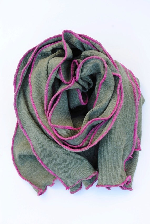 Jersey knit natural green scarf with a pop of pink by sugousa