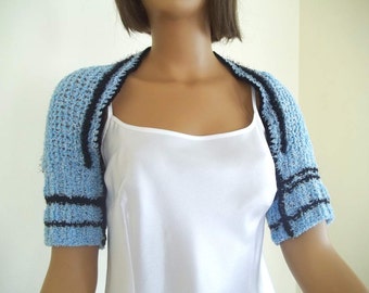 Knitting bolero, shrug in pale blue, black striped