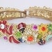 Exquisite Vintage Enamel Rhinestone Ladybug Flower Butterfly Bracelet Multi Color Hinged Links in Reds Blues Greens Yellows Pinks Purple
