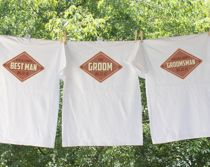 Set of 3 - Sign Groom, Best Man and Groomsman Shirts personalized with date and Bride & Groom's names