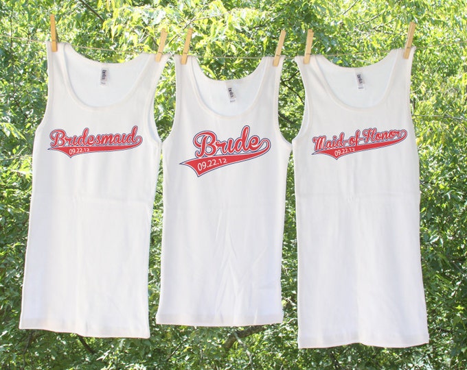 Set of 10 Sporty Bride, Bridesmaids and Maid of Honor Personalized with date Tank or shirt