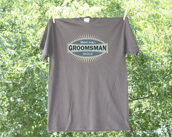 Set of 3 - Blue Emblem Groom, Best Man and Groomsman Shirts personalized with date