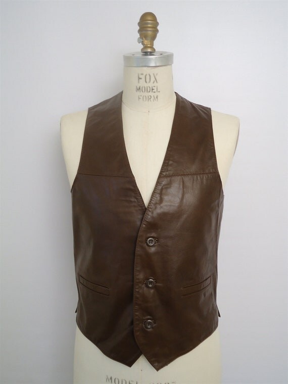 Vintage Leather Vest / brown vest / 70s country western cowboy