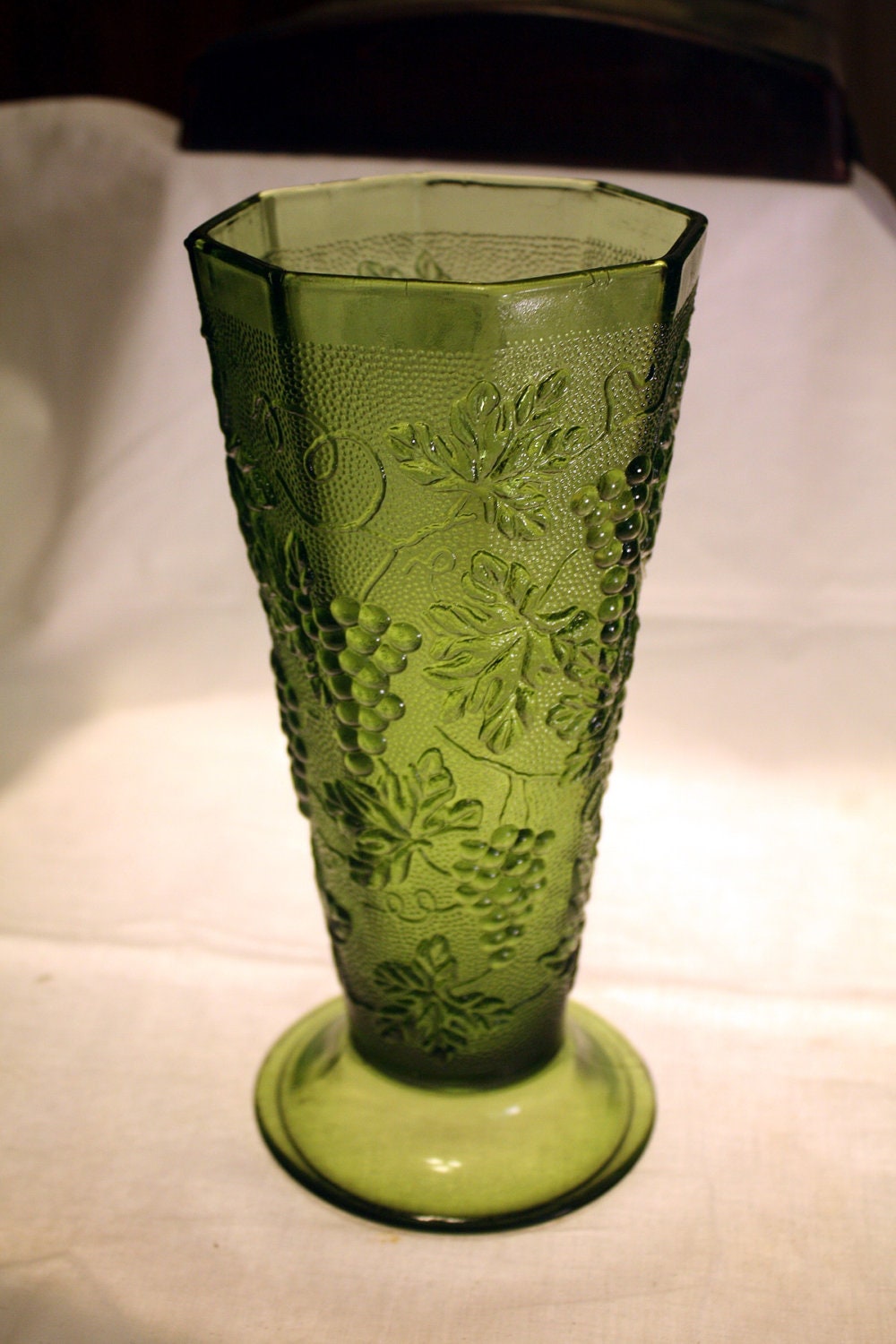 Vintage Green Depression Glass Grape & Leaf Pattern Vase