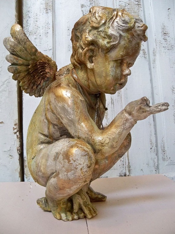 Large hand painted cherub statue with handmade jewel crown
