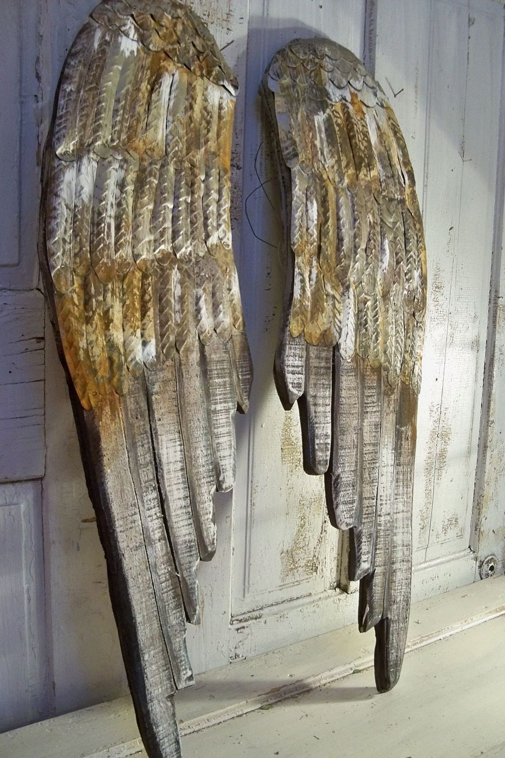 Angel wings large wood carved wall sculpture pewter rusty
