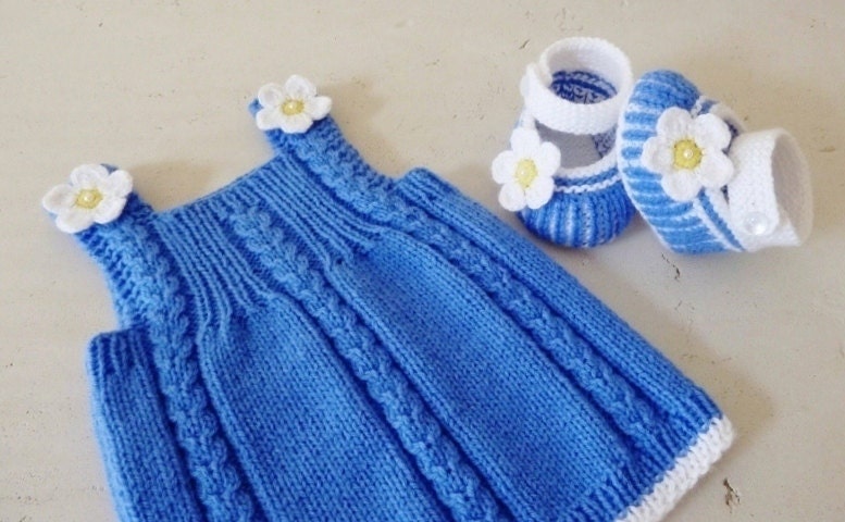 Hand Knitted BABY DRESS DAISY in Blue and White