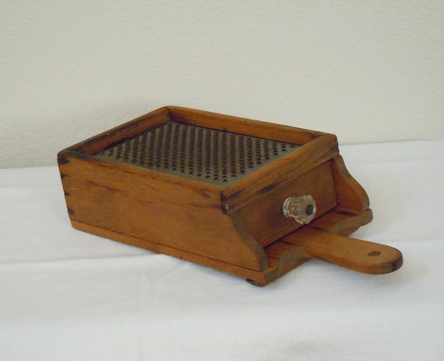 Antique Wooden Cheese Grater with Drawer / Glass Knob
