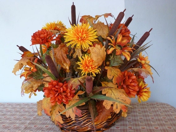 Large fall Thanksgiving basket centerpiece silk flowers