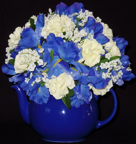 Silk Flower Arrangement Blue Iris White Carnations Blue