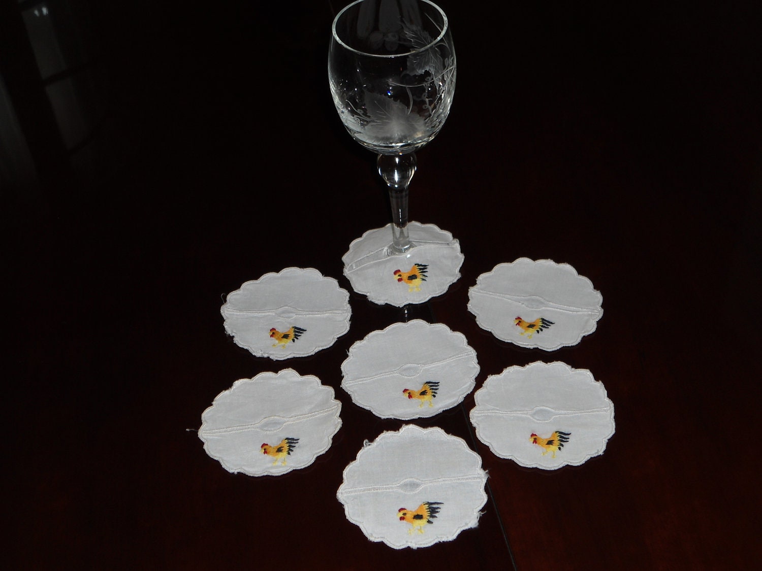 REDUCED Vintage set of linen wine glass coasters with hand
