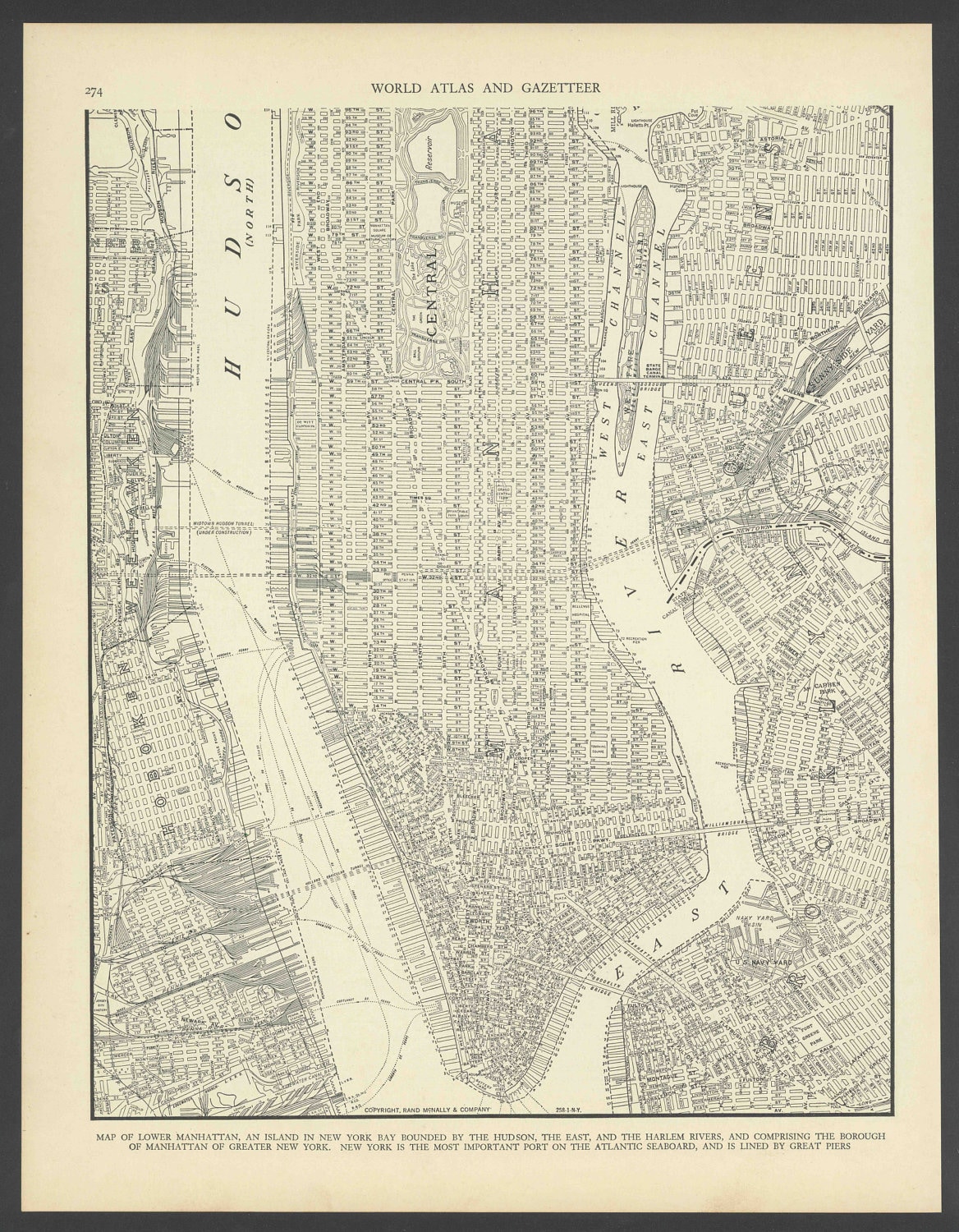 Vintage Street Map Lower Manhattan New York City New York From