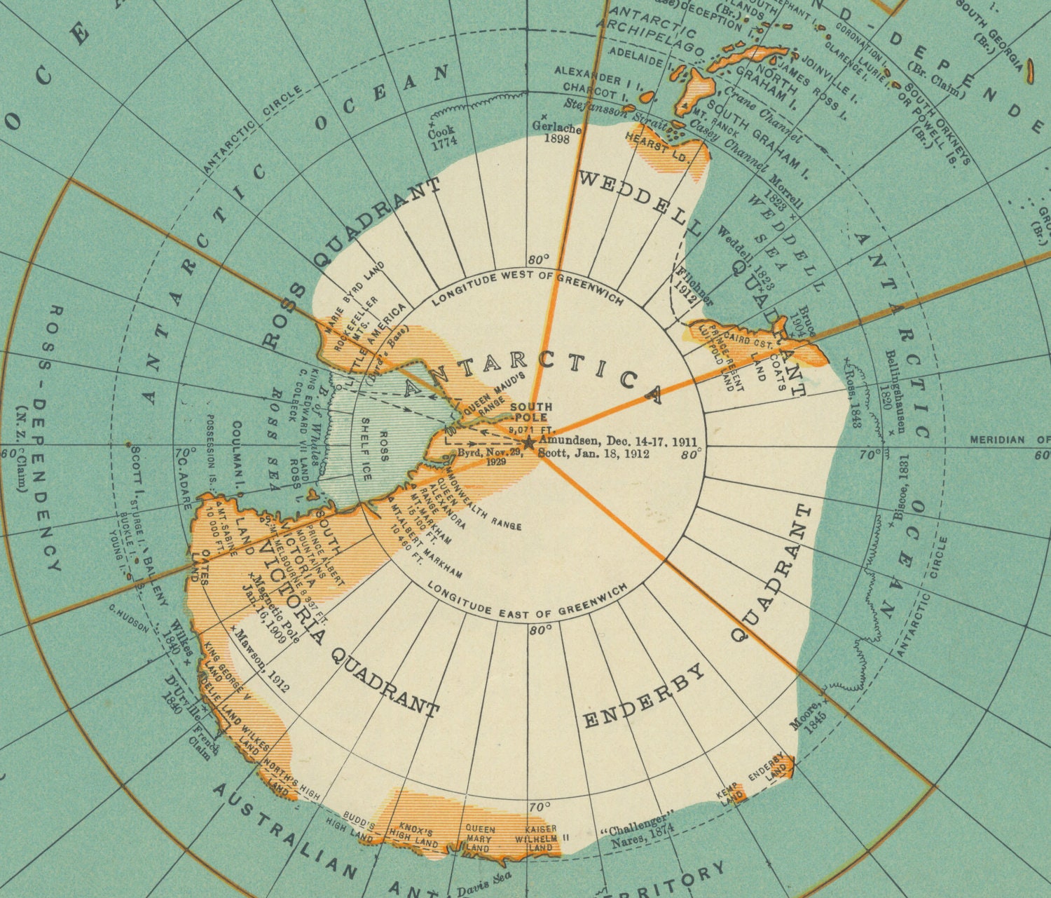 Vintage Map Antarctica North Pole South Pole From 1937