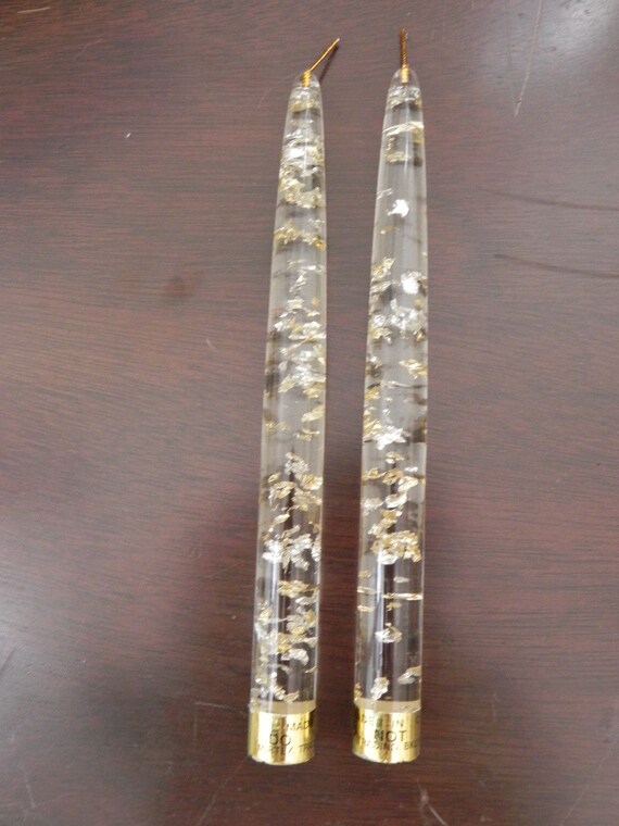 Clear Acrylic Gold Leaf Confetti Lucite Sparkle Taper Candles