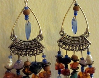 Funky Handmade Chandelier Earrings- Turquoise/Amber/Mother of Pearl